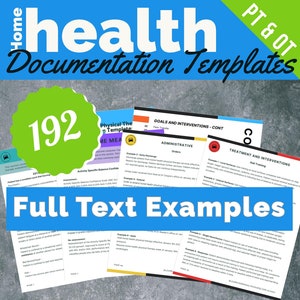 May include: A green and yellow graphic with the text "192" in the center. The text "health documentation templates" is in large, bold, white letters. The text "PT & OT" is in the upper right corner. The text "assessments, outcome measures, screenings, goals, interventions, patient education, + much more" is at the bottom of the graphic.