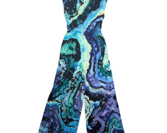 Ice Dyed Damen Small Reversed Tie-Dye Taille definierter Jumpsuit mit weitem Bein - Versandfertig | Hippie Kleidung | Einzigartige Tie Dye