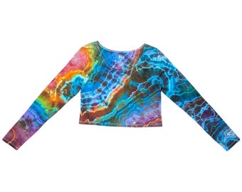 Ice Dyed Damen XL Tie-Dye Langarm Crop Top - Versandfertig | Hippie Kleidung | Einzigartige Tie Dye