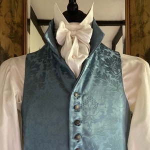 Mens Regency waistcoat, single breasted, three inch stand collar, blue damask fabric, ten unusual pewter buttons, perfect for a Regency Ball