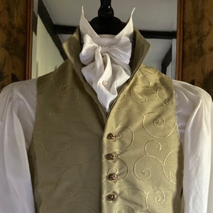 Mens Regency waistcoat, single breasted, three inch stand collar, embroidered gold fabric, ten gold tone buttons, perfect for a Regency Ball