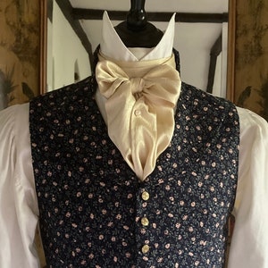 Mens Regency waistcoat, single breasted, stand collar, shaped lapels, floral vine fabric, gold tone buttons, perfect for a Regency Ball.