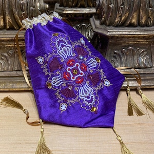 Embroidered Purple Silk Regency Reticule: Gold Tassel Drawstring Bag
