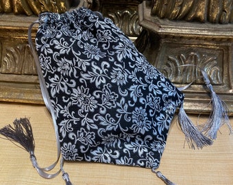 Regency Reticule in a stunning black and silver floral brocade fabric, silver tassels, silver satin ribbons, perfect item for a Regency Ball