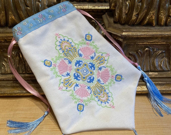 Regency Reticule in a White Linen, Stunning Embroidery Design in Pastel ...