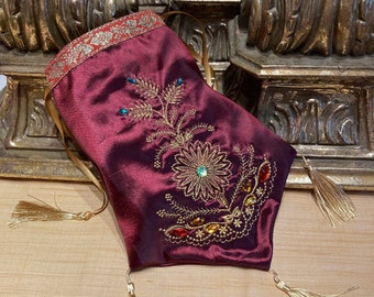 Regency Reticule in a red taffeta, stunning embroidery design in gold metallic threads,gems, period braid, gold tassels, gold satin ribbons.