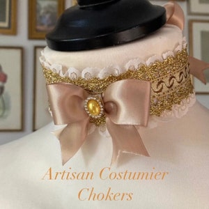 Lace Choker, 18th Century style, Rococo, Marie Antoinette, Georgian, Madame de Pompadour, Lace, Satin ribbons, metallic ribbons, Gem stone.