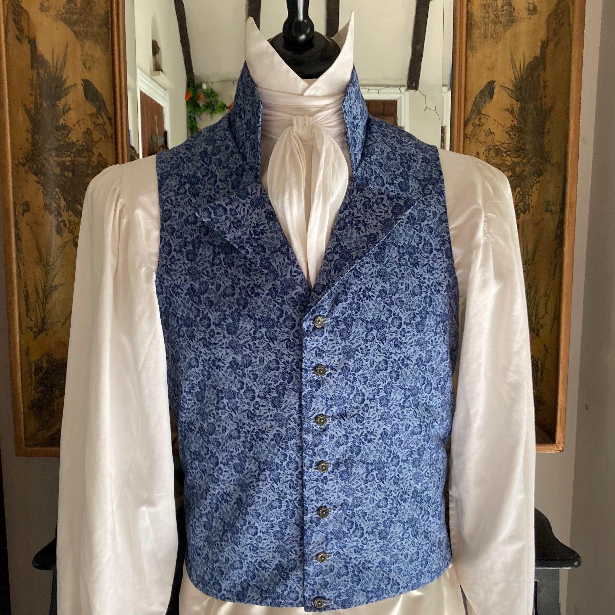 Men's Handmade Regency Waistcoat, Blue Floral Cotton, Aged Silver Floral Buttons.