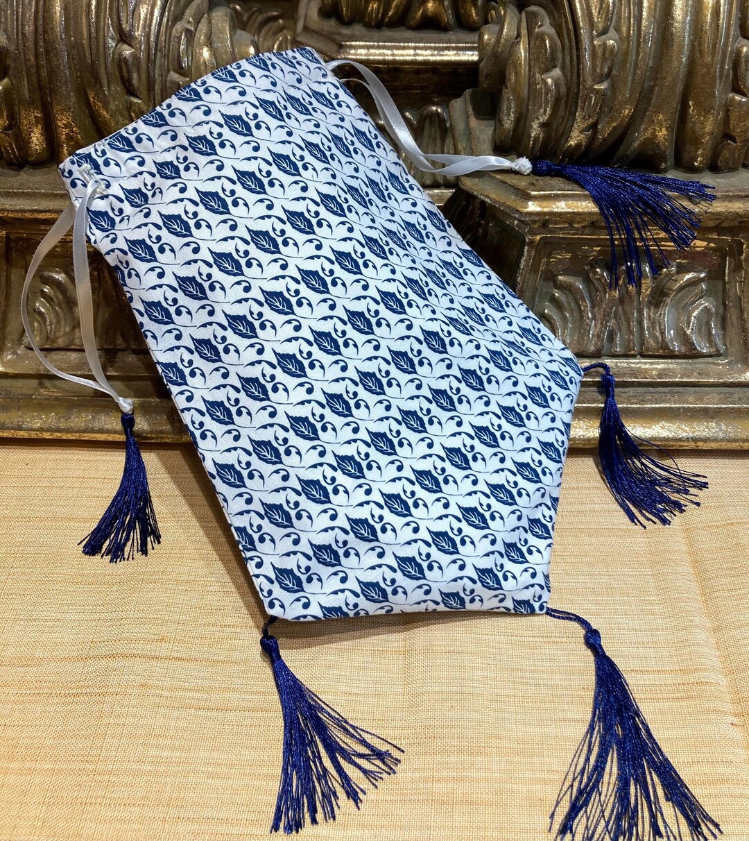 Regency Reticule in a Beautiful Ivory and Blue Leaf Printed Cotton ...