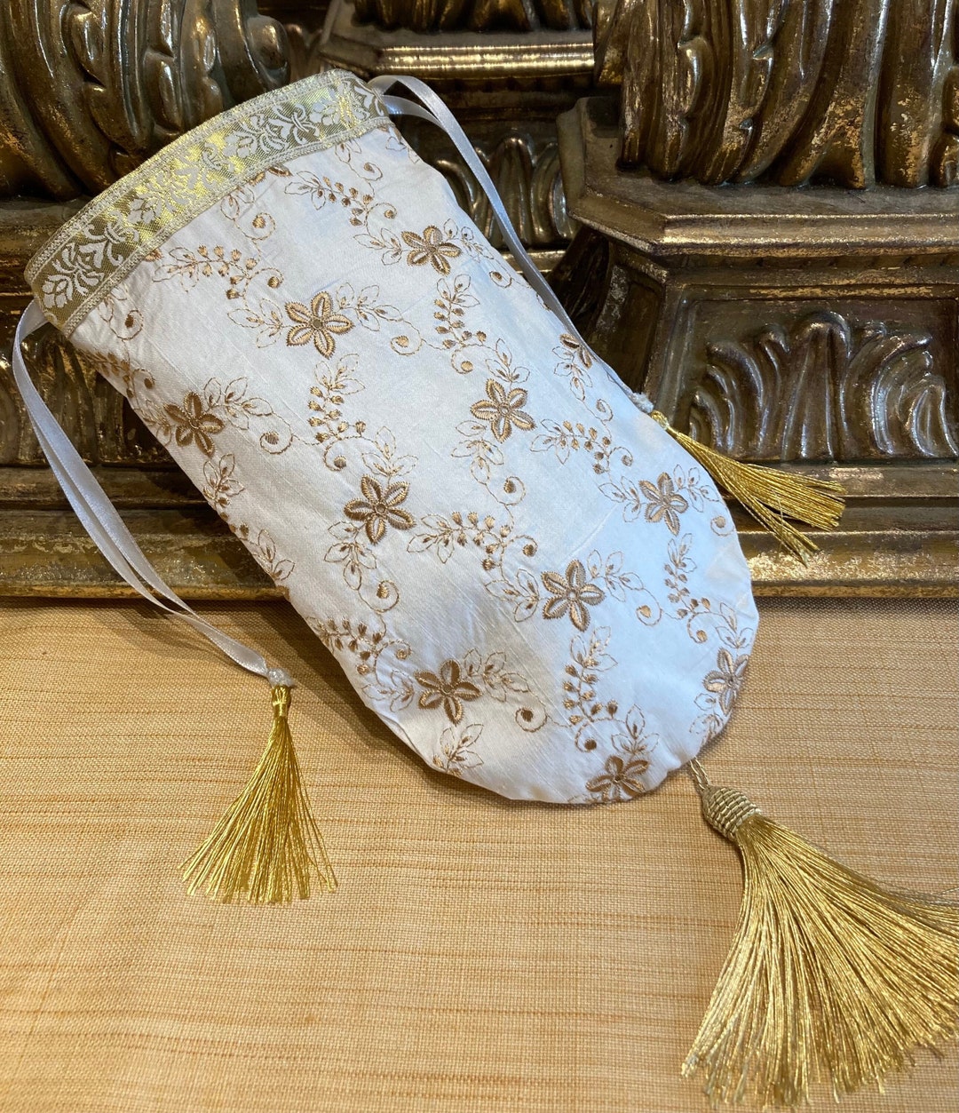 Regency Reticule Made in Ivory and Gold Embroidered Silk Floral Fabric ...