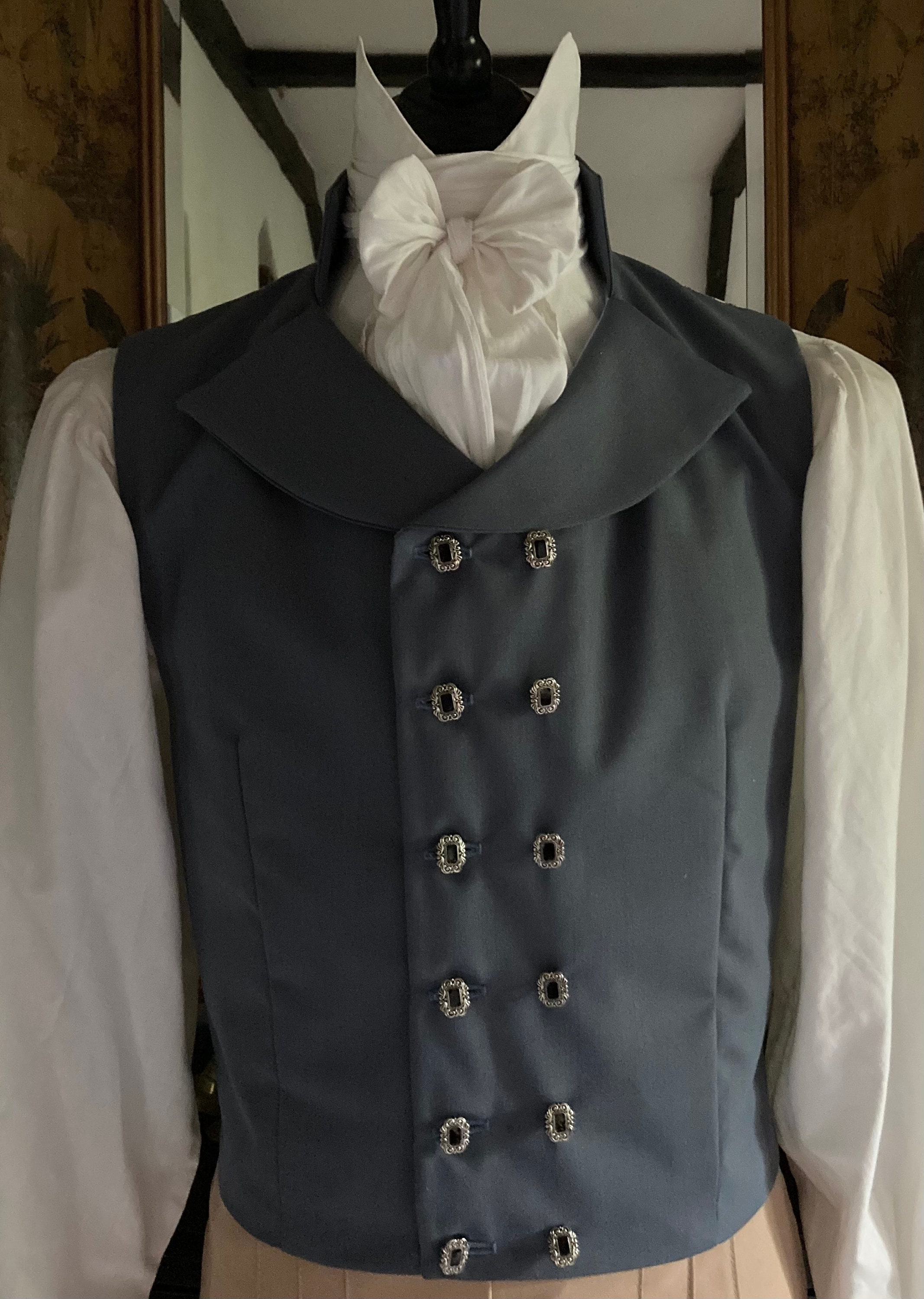 Mens Regency waistcoat, double breasted, stand collar, shaped lapels, blue  grey wool mix, beautiful silver and black buttons, 42” inch chest