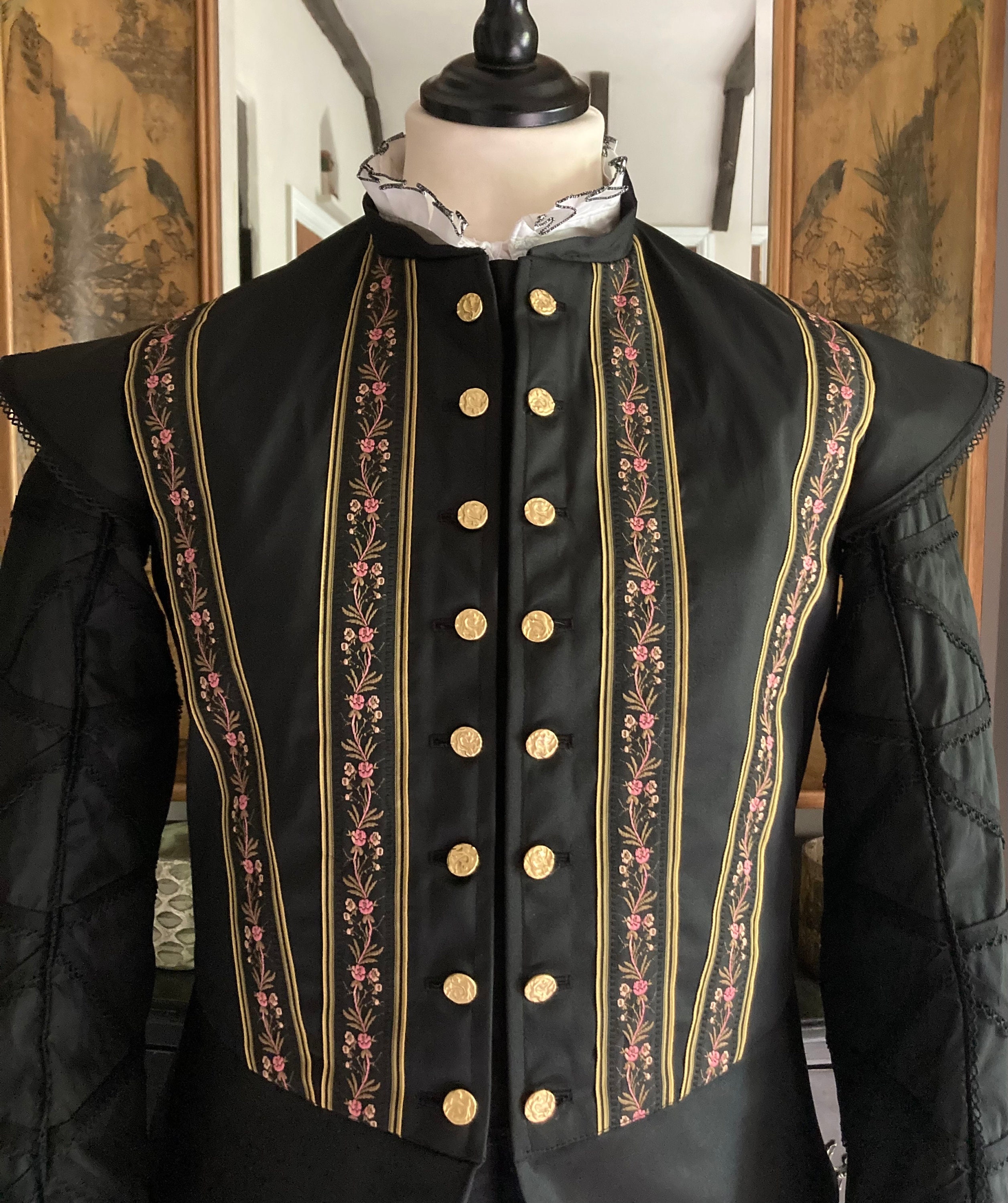 Mens Elizabethan Doublet Black Fabric Gold Buttons Trimmed Etsy