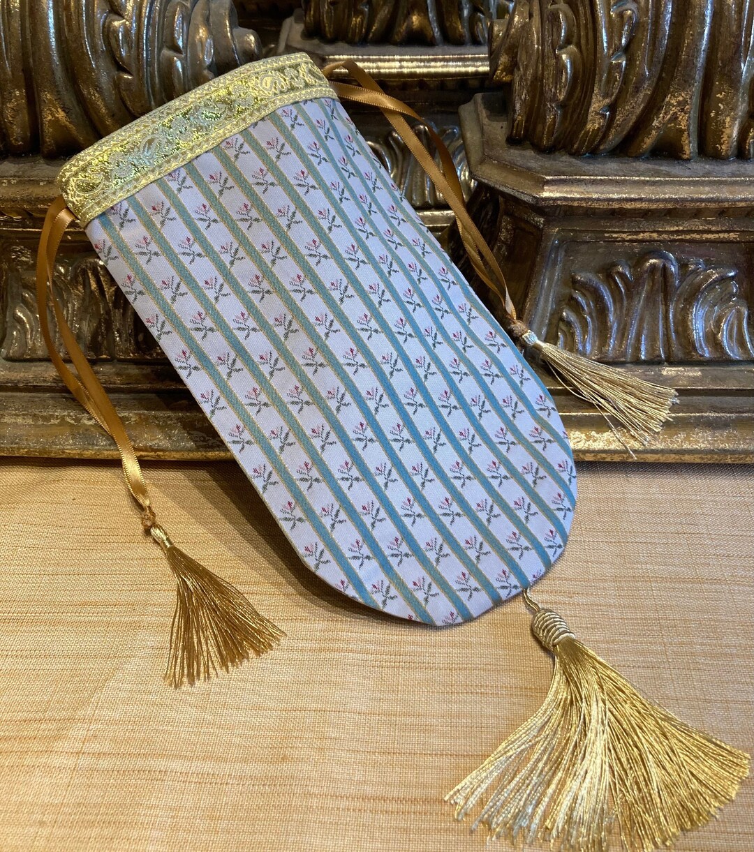 Regency Round Reticule Regency Reticule Made in Green and Gold Floral Striped Brocade, Gold ...