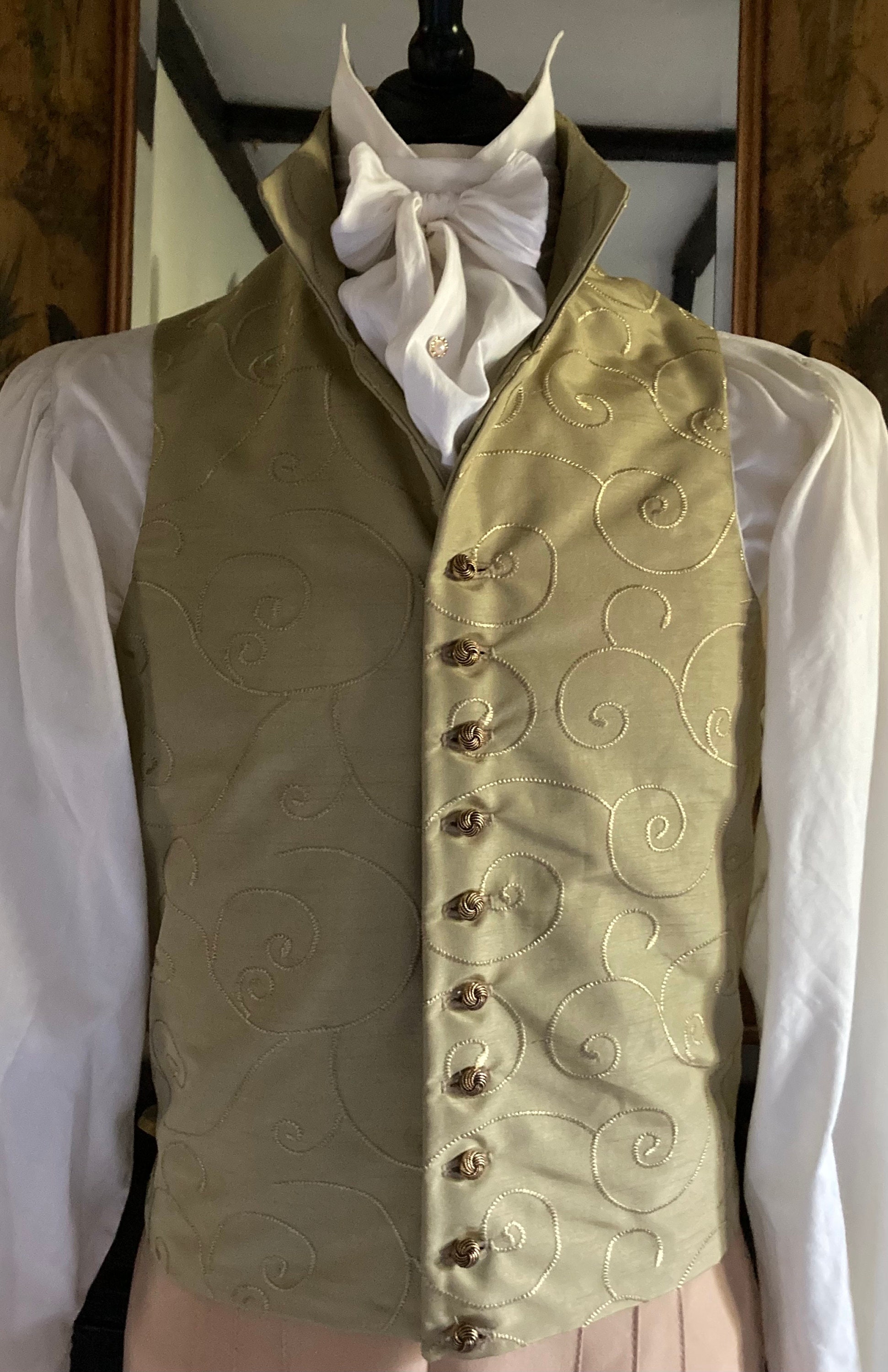 Mens Regency waistcoat, single breasted, three inch stand collar,  embroidered gold fabric, ten gold tone buttons, perfect for a Regency Ball