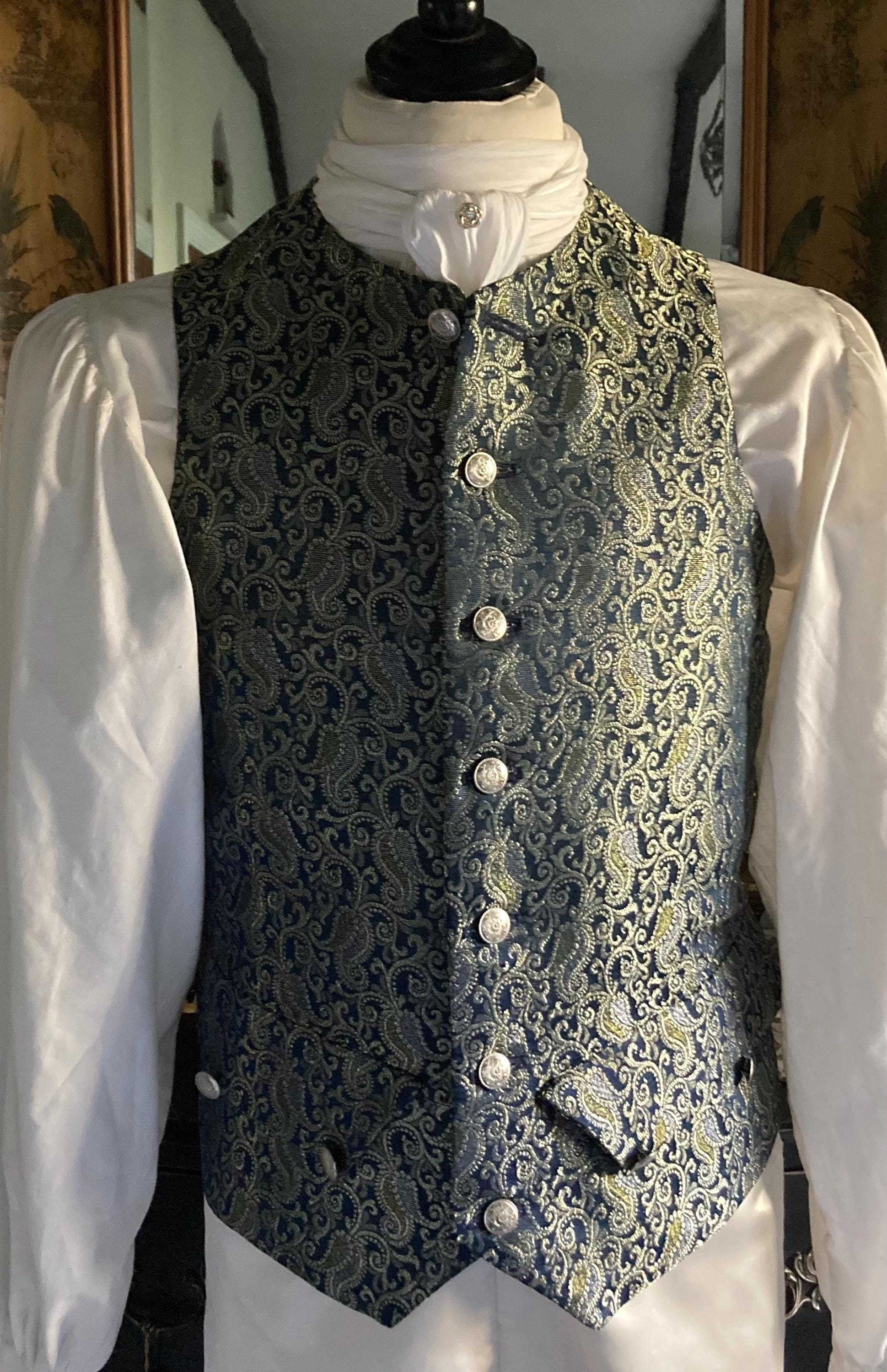 Men's 18th Century waistcoat, single breasted, working flap pockets,  midnight blue and silver brocade, thirteen silver tone floral