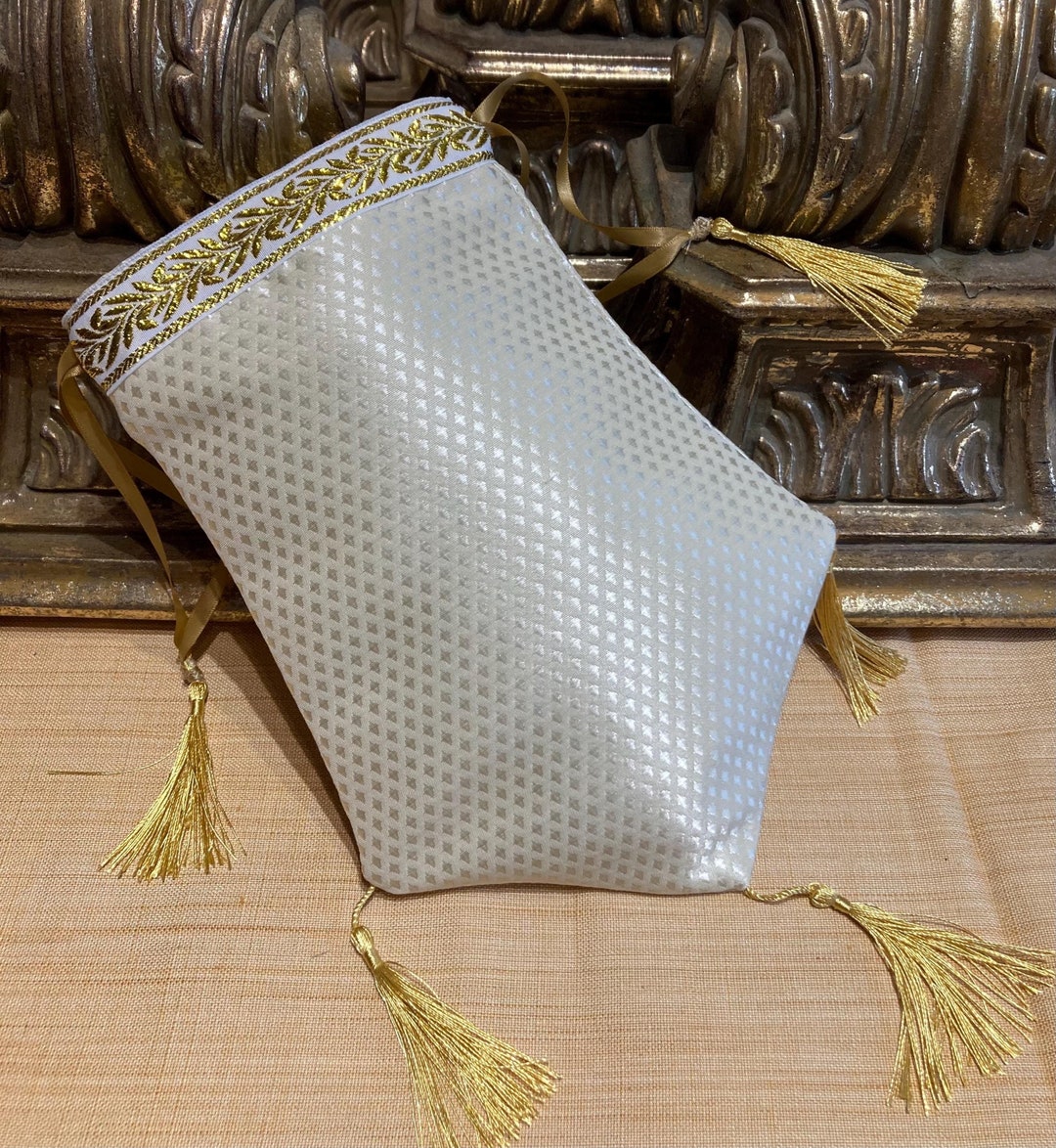 Regency Reticule in a Sumptuous Ivory Diamond Brocade Fabric, Gold ...