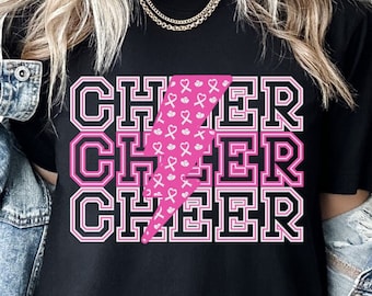 Cheerleader Breast Cancer Awareness Pink Ribbon Lightning Bolt Shirt Pink October Cheer Tee In October We Wear Pink Cheerleading T-shirt