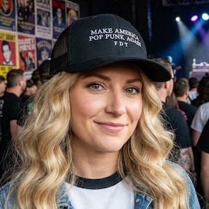 May include: Black trucker hat with the text "MAKE AMERICA POP PUNK AGAIN FDT" in white. The hat is worn by a person with long blonde hair, a denim jacket, and a graphic t-shirt. The background shows a concert venue with a crowd.