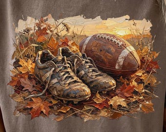 Football Cleats Tshirt PNG, Vintage Football Shoes Sunset Sublimation Design, Autumn Leaves Graphic Tee Digital Dowload, Game Day Shirt