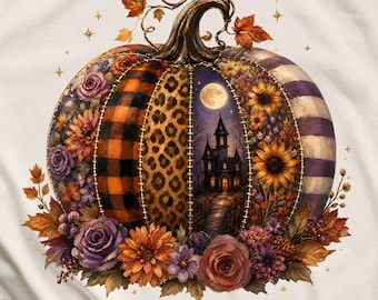 Patchwork Pumpkin Tshirt PNG,Spooky Fall Leopard Floral Sublimation Design,Quilted Halloween Shirt,Fall Pumpkin Graphic Tee Digital Download