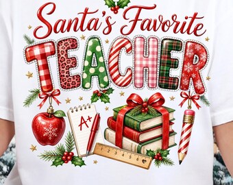Santa's Favorite Teacher Tshirt PNG, Christmas Plaid and Leopard Sublimation Design, Festive Teacher Appreciation Gift Digital Download