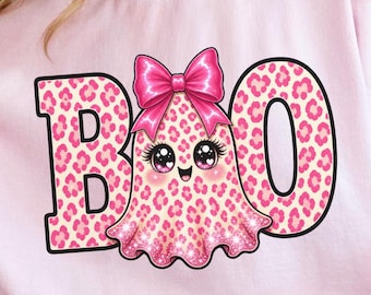 Boo Ghost Halloween  Tshirt PNG, Leopard Print Bow Sublimation Design, Pink Spooky  Clipart, Girly Graphic Tee Halloween Digital Download