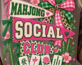 Camiseta del Club Social de Mahjong PNG, Camisa Preppy Coquette Leopardo, Diseño de Sublimación de Fichas de Mahjong Rosas, Descarga Digital de Camiseta Gráfica del Club de Mahjong