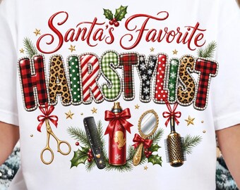 Hairstylist Christmas TShirt PNG, Santa's Favorite Stylist Sublimation Design,Festive Salon Gift, Holiday Graphic Tee PNG Digital Download