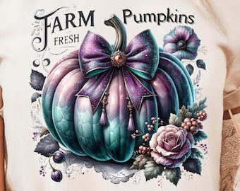 Farm Fresh Pumpkins Halloween T-Shirt PNG, Boho Purple Teal Sublimation Design, Autumn Gift, Cottagecore Trendy Graphic Tee Digital Download