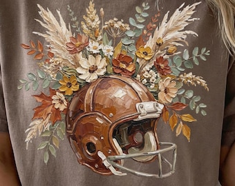 Floral Football Helmet Tshirt PNG, Autumn Flowers Sublimation Design, Vintage Rustic Game Day Graphic Tee Digital Download