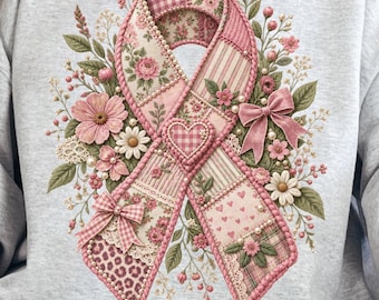 Camiseta con lazo rosa PNG, diseño vintage de patchwork sintético para concienciación sobre el cáncer de mama, diseño de sublimación de lazos florales de encaje coqueto