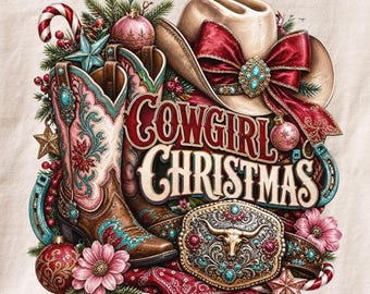 Cowgirl Christmas Tshirt PNG, Trendy Western Holiday Shirt Sublimation Design, Cowboy Boots Graphic Tee, Country Festive Digital Download