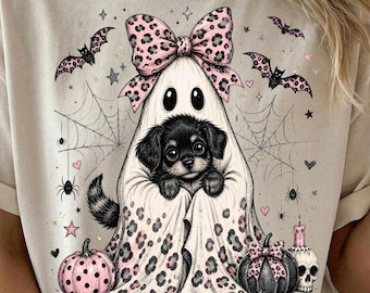 Puppy Ghost Halloween Tshirt PNG, Cute Dog Leopard Print Sublimation Design, Trendy Spooky Fall Graphic Tee Digital Download