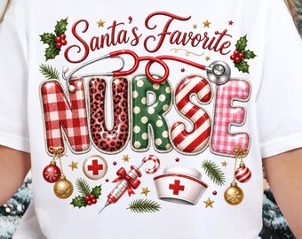 Santa's Favorite Nurse Tshirt PNG, Christmas Holiday Nurse Appreciation, Leopard Plaid Stethoscope Sublimation Design, Digital Download