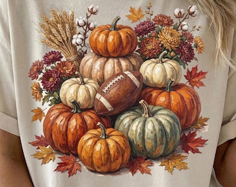 Fall Harvest Pumpkin Football Tshirt PNG,Stacked Gourd & Autumn Floral Gift, Sublimation Design,Trendy Game Day Graphic Tee Digital Download