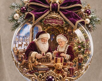 Santa and Mrs Claus Ornament PNG, Trendy Christmas North Pole Workshop Sublimation Design, Vintage Holiday Digital Download