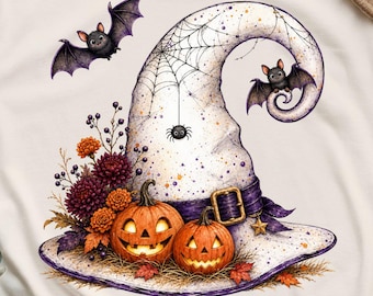 Witch Hat Halloween Tshirt PNG, Spooky Spiderweb Sublimation Design Watercolor Pumpkin Bat Autumn Graphic Tee Digital Download