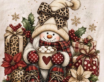 Christmas Snowman Tshirt PNG, Leopard Bow Holiday Shirt Sublimation Design, Cozy Winter Graphic Tee, Trendy Festive Digital Download