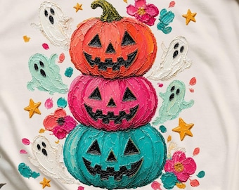 Stacked Pumpkin Tshirt PNG, Colorful Jack-o-Lantern Trio Sublimation Design, Retro Halloween Ghost Clipart, Fall Pumpkin Digital Download