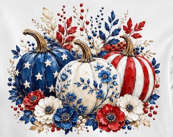 Patriotic Pumpkin Tshirt PNG, 4th of July Stars Stripes Sublimation Design,Red White Blue Floral Pumpkin Clipart, USA Shirt Digital Download