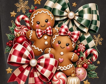 Gingerbread Couple Tshirt PNG, Checkered Bow Christmas Sublimation Design, Coquette Gingerbread Retro Graphic Tee Digital Download