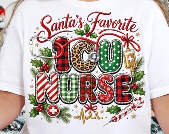 Santa's Favorite ICU Nurse Shirt PNG, Festive Plaid Stethoscope Sublimation Design, Trendy Christmas Graphic Tee PNG Digital Download