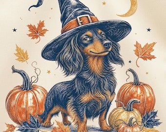 Häxig tax-t-shirt PNG, Halloween-hundskjorta med sublimeringsdesign, söt wienerhund-höstgrafik, kuslig Doxie-digital nedladdning