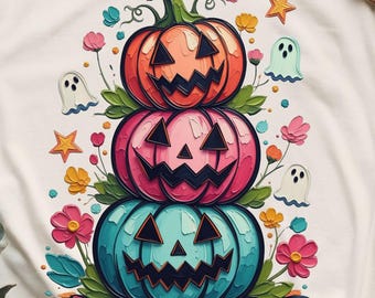 Stacked Pumpkin Trio Shirt PNG, Jack o lantern Sublimation Design, Faux Painterly Retro Ghost Clipart, Fall Graphic Tee Digital Download