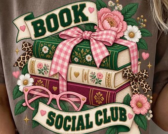 Camiseta Book Social Club PNG, Diseño de sublimación floral rosa de moda para amantes de los libros, Camiseta gráfica Coquette Bookish, Descarga digital para ratones de biblioteca