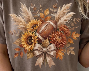 Fall Football Bouquet Tshirt PNG, Autumn Flowers Game Day Sublimation Design, Sports Mom Graphic Tee Digital Download