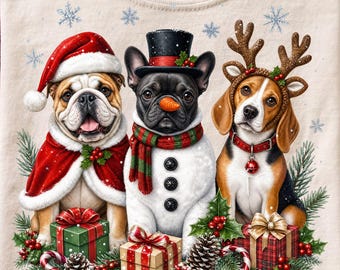 Christmas Puppies Tshirt PNG, Bulldog Frenchie Beagle Sublimation Design, Trendy Festive Puppy Graphic Tee, Christmas Digital Download