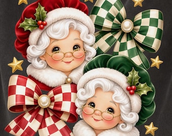 Vintage Mrs Claus Tshirt PNG, Coquette Checkererd Bow Sublimation Design,Retro Christmas Graphic Tee Digital Download