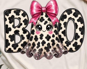 Boo Ghost T-Shirt PNG, Spooky Cute Kawaii, Faux Cow Print Sublimation Design, Pink Bow Sparkle, Halloween Digital Download