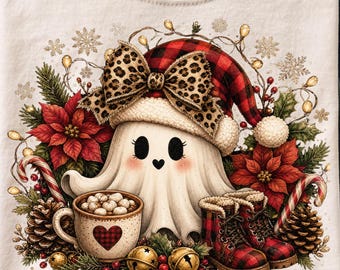 Christmas Ghost Tshirt PNG, Spooky Plaid Santa Hat Sublimation Design, Leopard Pattern Ghost Graphic Tee, Festive Digital Download